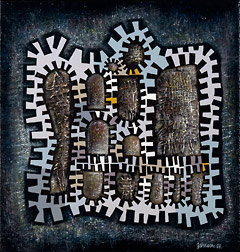 George Johnson, New Zealand b.1926, arr. Australia 1953, <i>Canto</i> 1965, oil, mixed media on board, 29.3 x 28.0 cm, F.M. Courtis Collection. La Trobe University, Bendigo