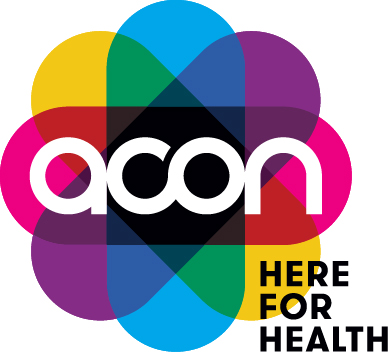 ACON logo of four overlapping brightly coloured semi-transparent capsule shapes, their colours merging in the intersections, with the letters 'acon' and slogan 'HERE FOR HEALTH