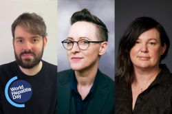 Headshots of Anthony KJ Smith, a person with a beard, short hair and a lip piercing, Christy Newman, a person with short hair and glasses, and Kerryn Drysdale, a person with an asymmetrical bob