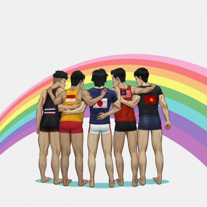 Drawing of five dark-haired men facing away, arms around each others' shoulders, wearing shorts and singlets with the flags of Thailand, Indonesia, Japan, Malaysia and Vietnam, in front of a rainbow arch