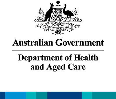 Logo of the Australian Government Department of Health and Aged Care, with the crest of Australia and a stripe made of up of blocks of different shades of blue and teal
