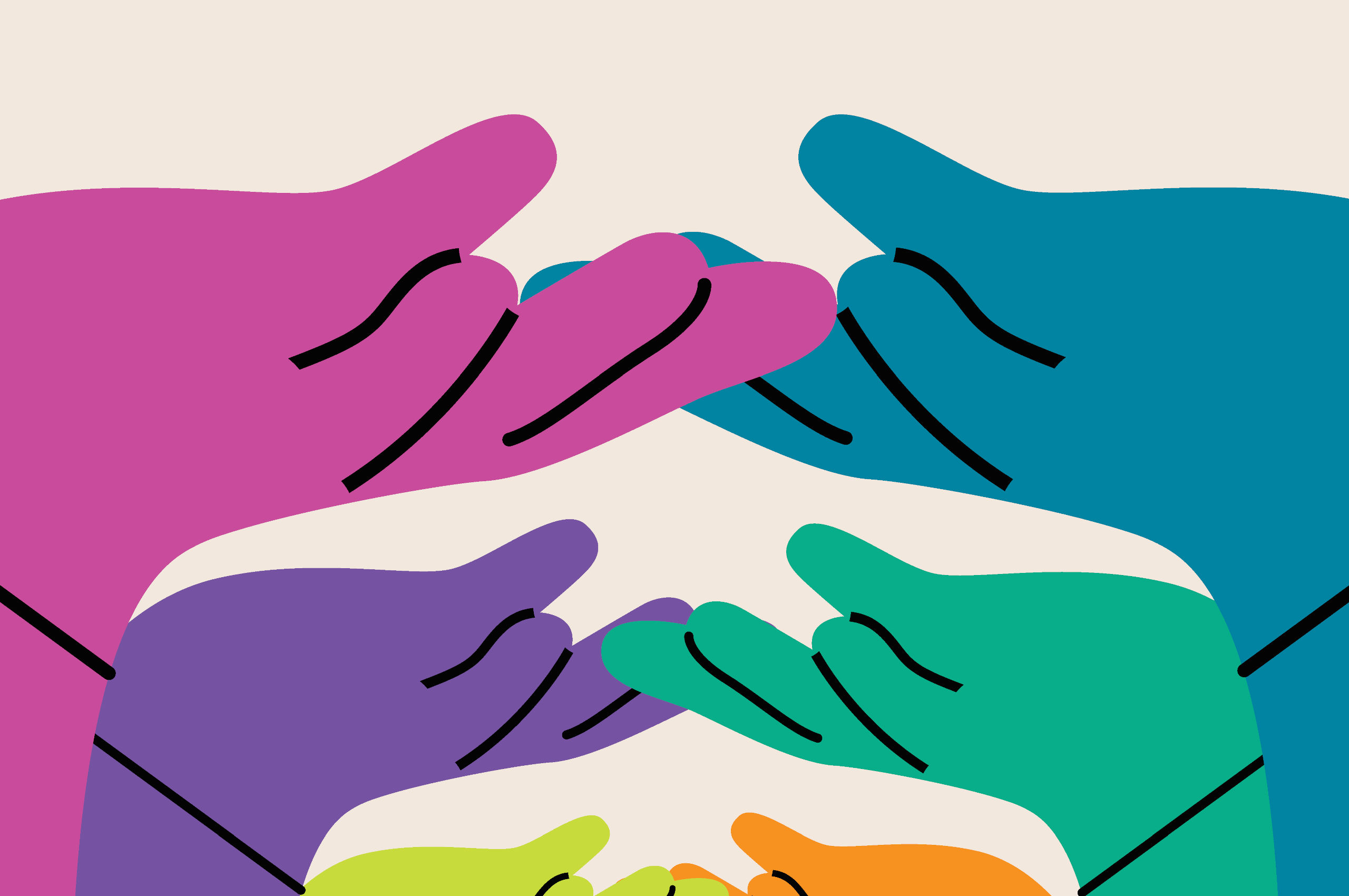 Front cover of 'Beyond 'The Talk': Supporting parents and carers to speak with children about sex, relationships and consent', with the title, author names and a design of eight large colourful cartoon hands held up in a supportive position