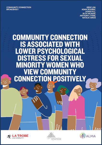Community connection is associated with lower psychological distress for sexual minority women who view community connection positively Front cover of 'Community connection is associated with lower psychological distress for sexual minority women who view community connection positively' by Gene Lim, Adam Bourne, Adam Hill, Ruth McNair, Anthony Lyons and Natalie Amos, with a design of diverse cartoon women and the logos of ARCSHS La Trobe and ALMA