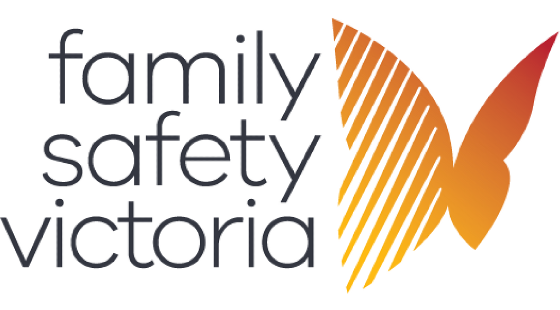 Orange gradient butterfly with stripe design and the text 'family safety victoria