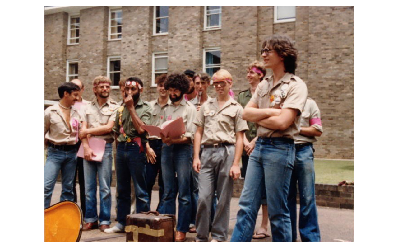 The original Sydney Gay Liberation Quire, a gay liberation activist performance group in the early 1980s. Gary is playing recorder in the back row.