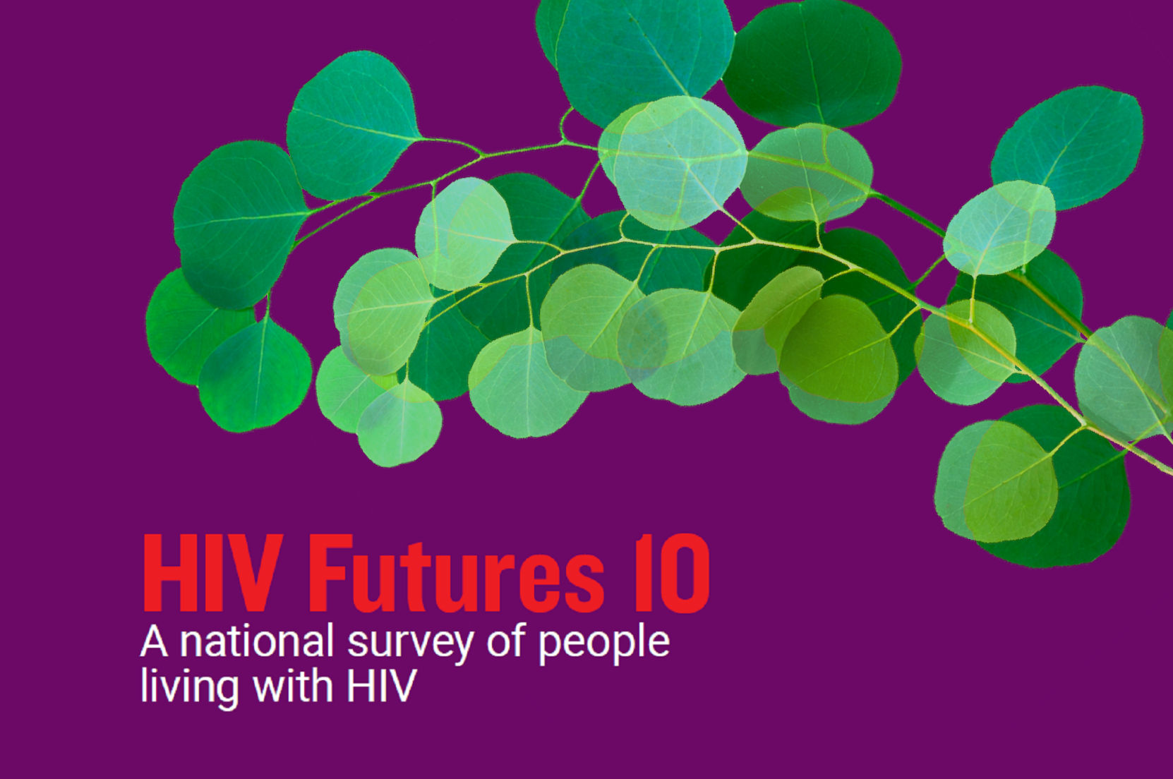Design of bright green round Silver Princess gum leaves on a plum background with the text 'HIV Futures 10: A national survey of people living with HIV
