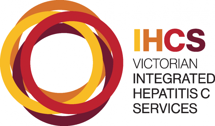Logo of the Victorian Integrated Hepatitis C Services, with overlaid offset circles of red, orange, yellow and burgundy 