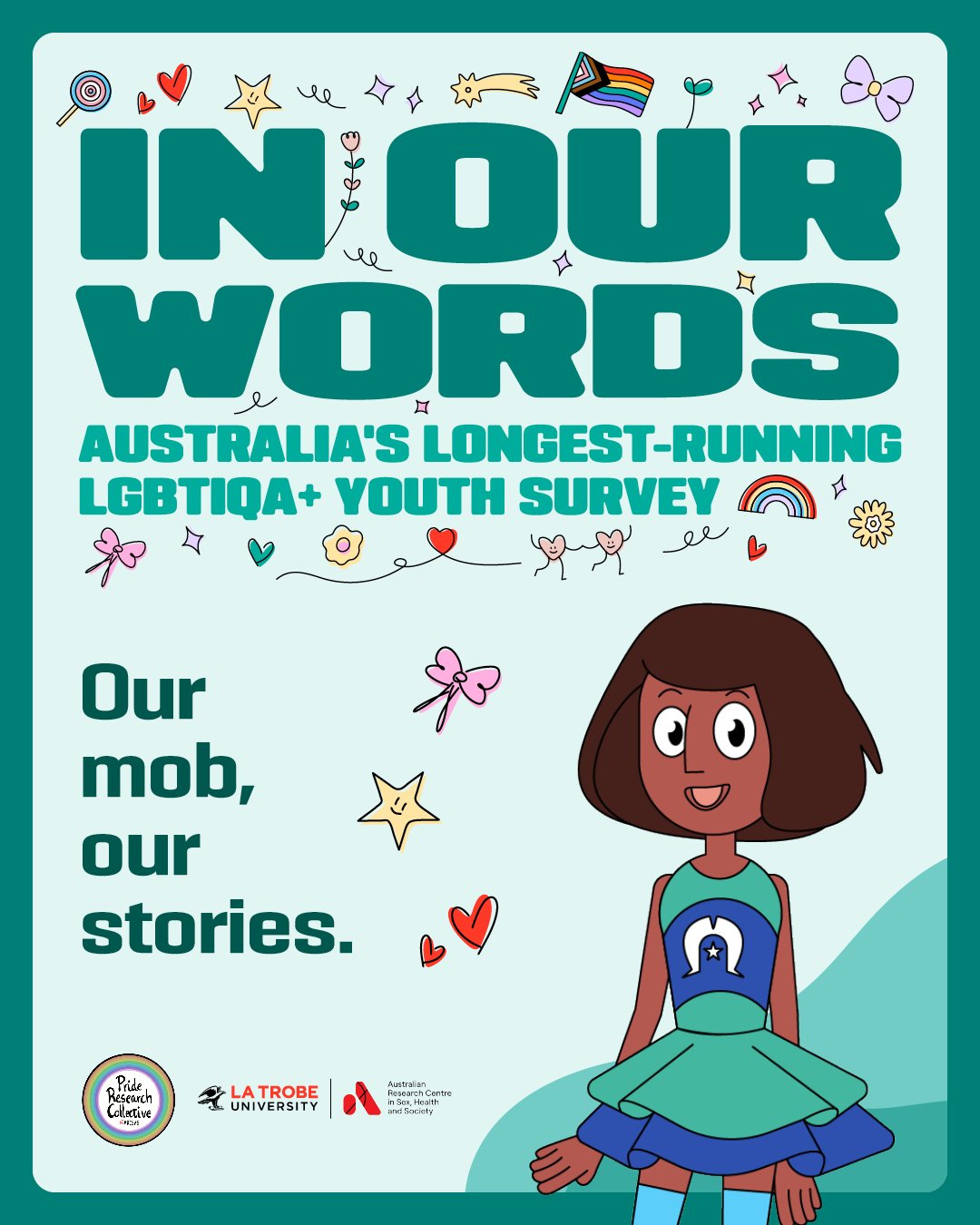 Text 'In our words: Australia's longest-running LGBTIQA+ youth survey - our mob, our stories' with the logos of the Pride Research Collective and ARCSHS at La Trobe, and a cartoon of a person with long brown hair, Torres Strait Islander mini-dress and long trans flag socks, plus lots of queer themed doodles of stars, hearts, flowers, pride flags, rainbows and lollipops