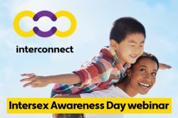 Image of a smiling child doing an aeroplane while being given a piggy back ride by a smiling adult, with the Interconnect logo - three overlapping circles, two yellow and one purple in the centre, reminiscent of the intersex flag - and text ‘Interconnect’ and ‘Intersex Awareness Day Webinar’.