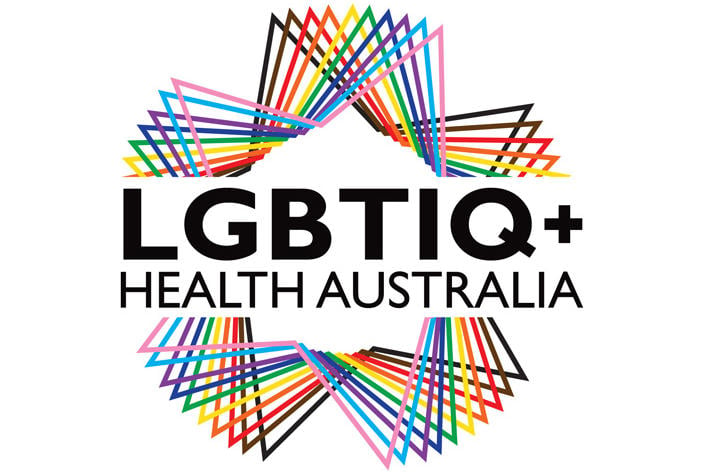 LGBTIQ Health Australia' superimposed on a design of ten stars in the colours of the Progress Pride Flag