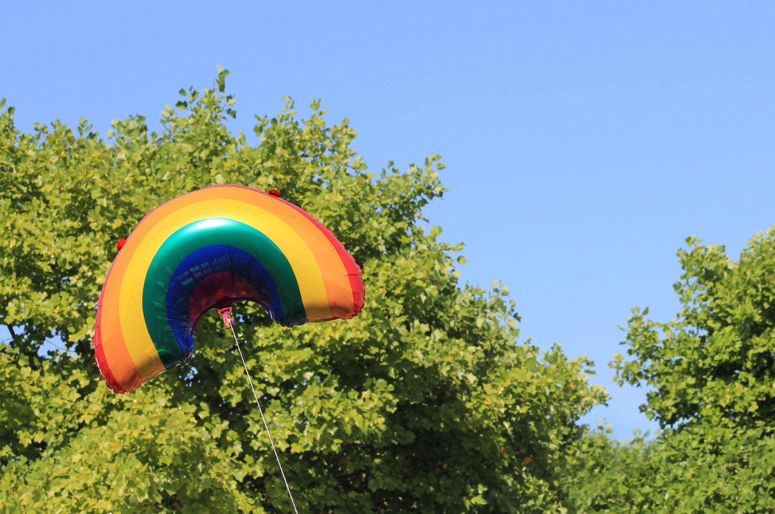 Rainbow-shaped mylar helium balloon in front of trees and blue sky
