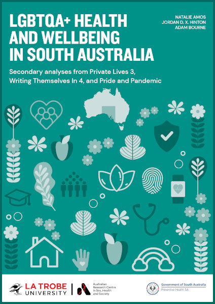 The cover of LGBTQA+ Health and Wellbeing in South Australia: Secondary Analyses from Private Lives 3, Writing Themselves In 4 and Pride and Pandemic, by Natalie Amos, Jordan D. X. Hinton and Adam Bourne, published by the Australian Research Centre in Sex, Health and Society at La Trobe University and Preventive Health SA, with a design of a map of Australia with SA highlighted and a variety of icons, including leaves, flowers, fingerprints, houses, rainbows, apples, health wristbands, families, crowds and mortarboards.
