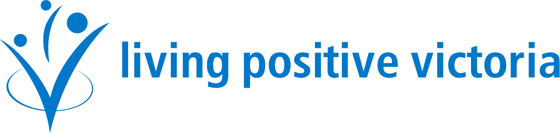 Lovo of Living Positive Victoria, with a V and circles design suggesting a group of people with their arms raised