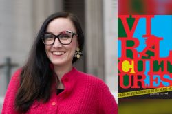 Headshot of Marika Cifor with the front cover of Viral Cultures: Activist Archiving in the Age of AIDS