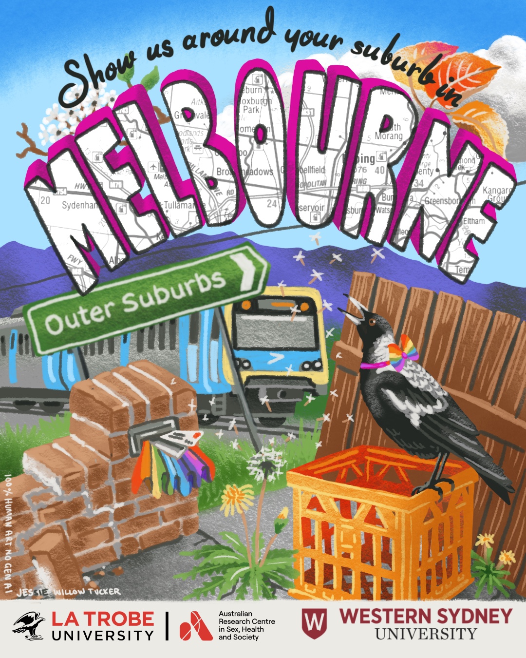 Text &lsquo;Show us aaround your suburb in MELBOURNE&rsquo; with the logos of the Australian Research Centre in Sex, Health and Society and Western Sdyney University, and a painting of a green road sign reading &lsquo;Outer Suburbs&rsquo;, a magpie on a milk crate surrounded by dandelions wearing a rainbow bowtie, a PTV train, a wooden fence, and a damaged low brick fence with a built-in mailbox with a fan-folded rainbow flag and letters sticking out of it. The text is filled in with a page of the Melways showing Broadmeadows, Tullamarine, Sydenham, Reservoir, South Morang, Greensborough and Kangaroo Ground, and is decorated with blossoms and autumn leaves. The painting is signed &lsquo;Jessie Willow Tucker 100% human art no gen AI&rsquo;. 