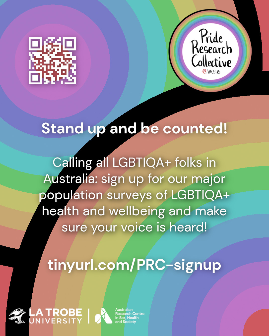 Text 'Stand up and be counted! Calling all LGBTIQA+ folks in Australia: sign up for our major population surveys of LGBTIQA+ health and wellbeing and make sure your voice is heard! tinyurl.com/PRC-signup' with the logos of the Pride Research Collective and ARCSHS at La Trobe, and a QR code, and a design of concentric rainbow circles