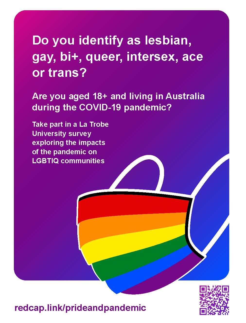 Text 'Do you identify as lesbian, gay, bi+, queer, intersex, ace or trans? Are you 18+ and living in Australia during the COVID-19 pandemic? Take part in a La Trobe University study exploring the impacts of the pandemic on LGBTIQ communities - redcap.link/prideandpandemic' with a QR code and a graphic of a rainbow face mask, all on a purple-to-blue gradient background