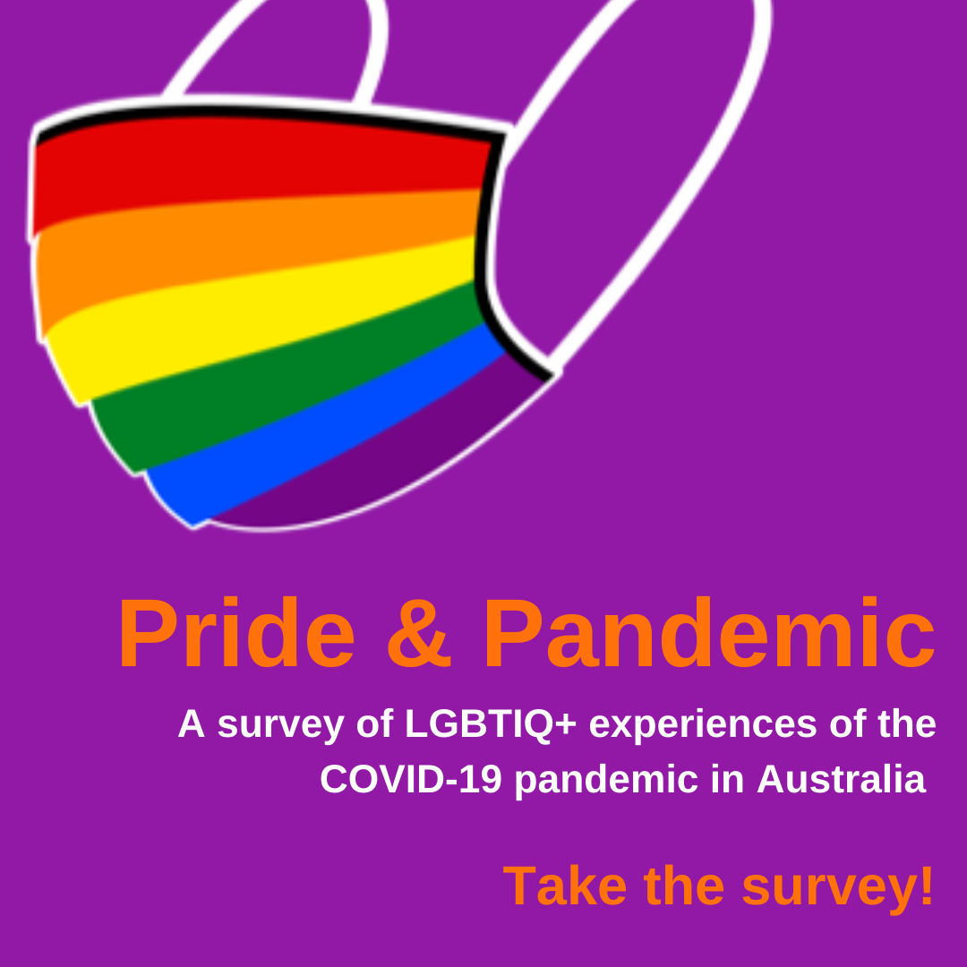Rainbow mask graphic with text 'Pride & Pandemic - A survey of LGBTIQ+ experiences of the COVID-19 pandemic in Australia - Take the survey!