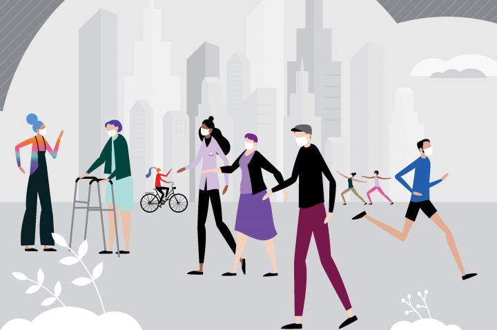 Cartoon design of diverse people walking, riding, wheeling and doing yoga in front of a cityscape, all wearing white surgical masks