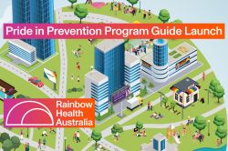 Text 'Pride in Prevention Program Guide Launch' and the logo of Rainbow Health Australia, on a background of a colourful cartoon parkland with skyscrapers, trees, inclusion billboards and diverse people enjoying outdoor activities