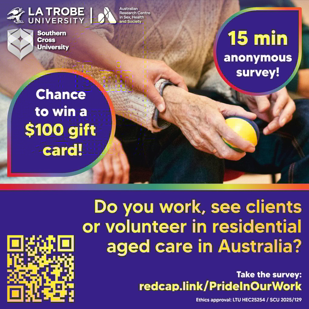 Pride in our Work social media tile Text 'Do you work, see patients or volunteer in residential aged care in Australia? 15 min anonymous survey! Take the survey: redcap.link/PrideInOurWork Ethics approval: LTU HEC25256 / SCU 2025/129