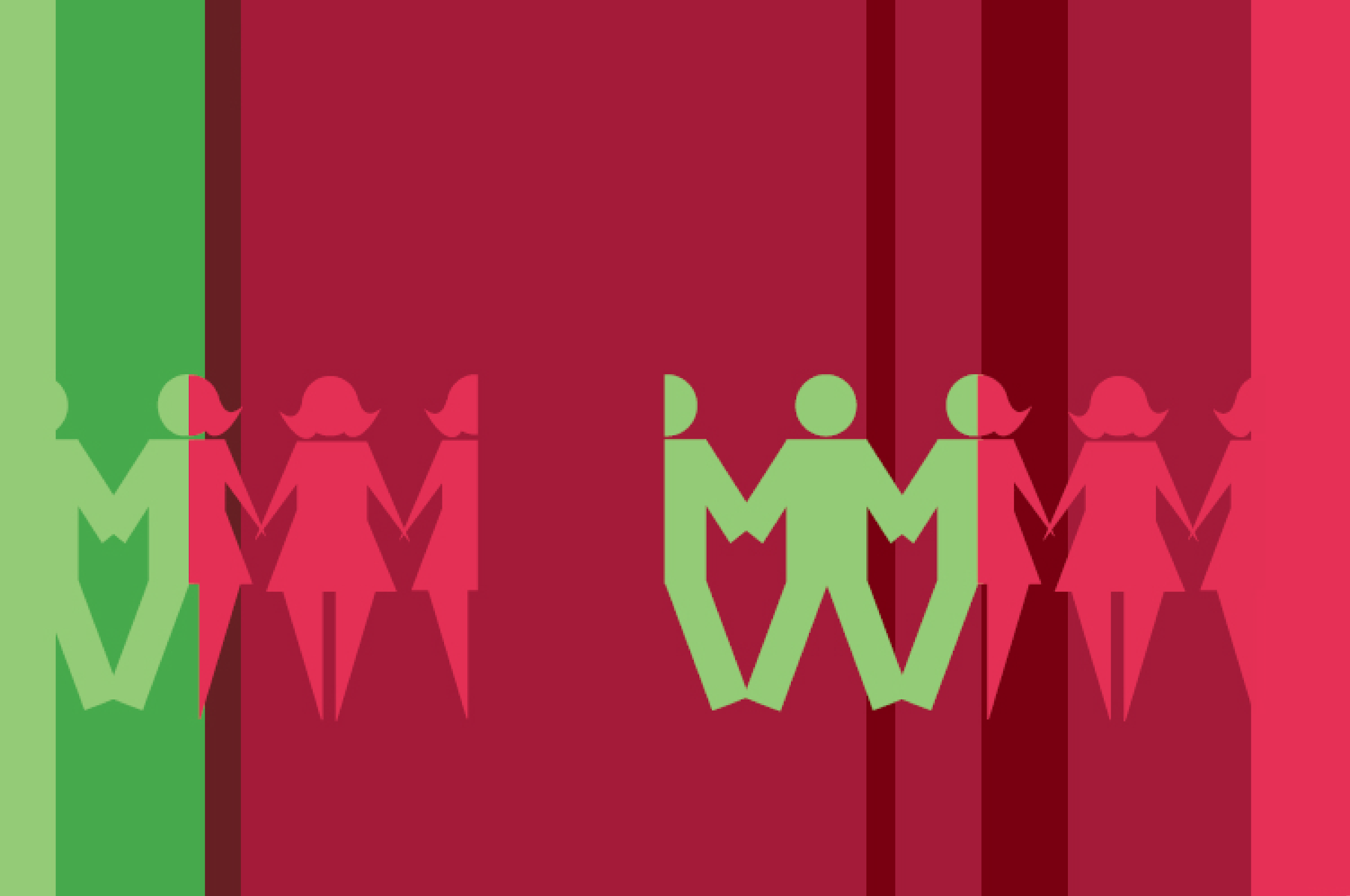 Dark red and green striped background with 'male' and 'female' bathroom-sign-style pictograms, holding hands