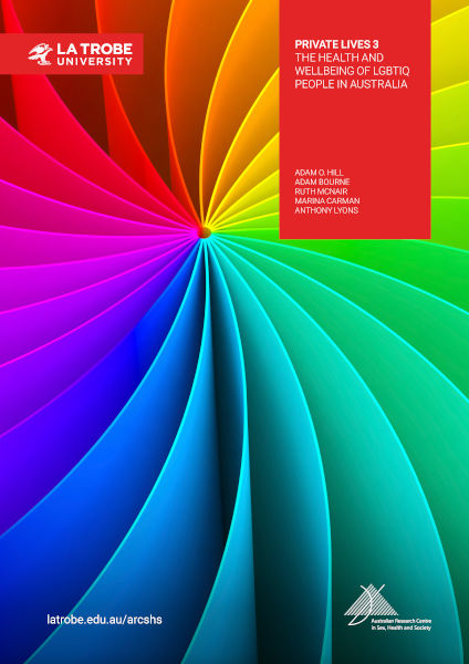 Cover of Private Lives 3: The health and wellbeing of LGBTIQ people in Australia, by Adam O. Hill, Adam Bourne, Ruth McNair, Marina Carman and Anthony Lyons, with a design of swirled rainbow pages and the logos of La Trobe University and ARCSHS