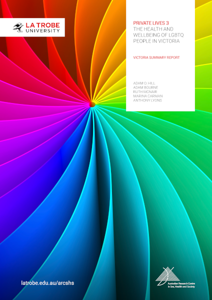 Private Lives 3 Victorian Summary Report Cover of Private Lives 3: The health and wellbeing of LGBTIQ people in Australia, by Adam O. Hill, Adam Bourne, Ruth McNair, Marina Carman and Anthony Lyons, with a design of swirled rainbow pages and the logos of La Trobe University and ARCSHS