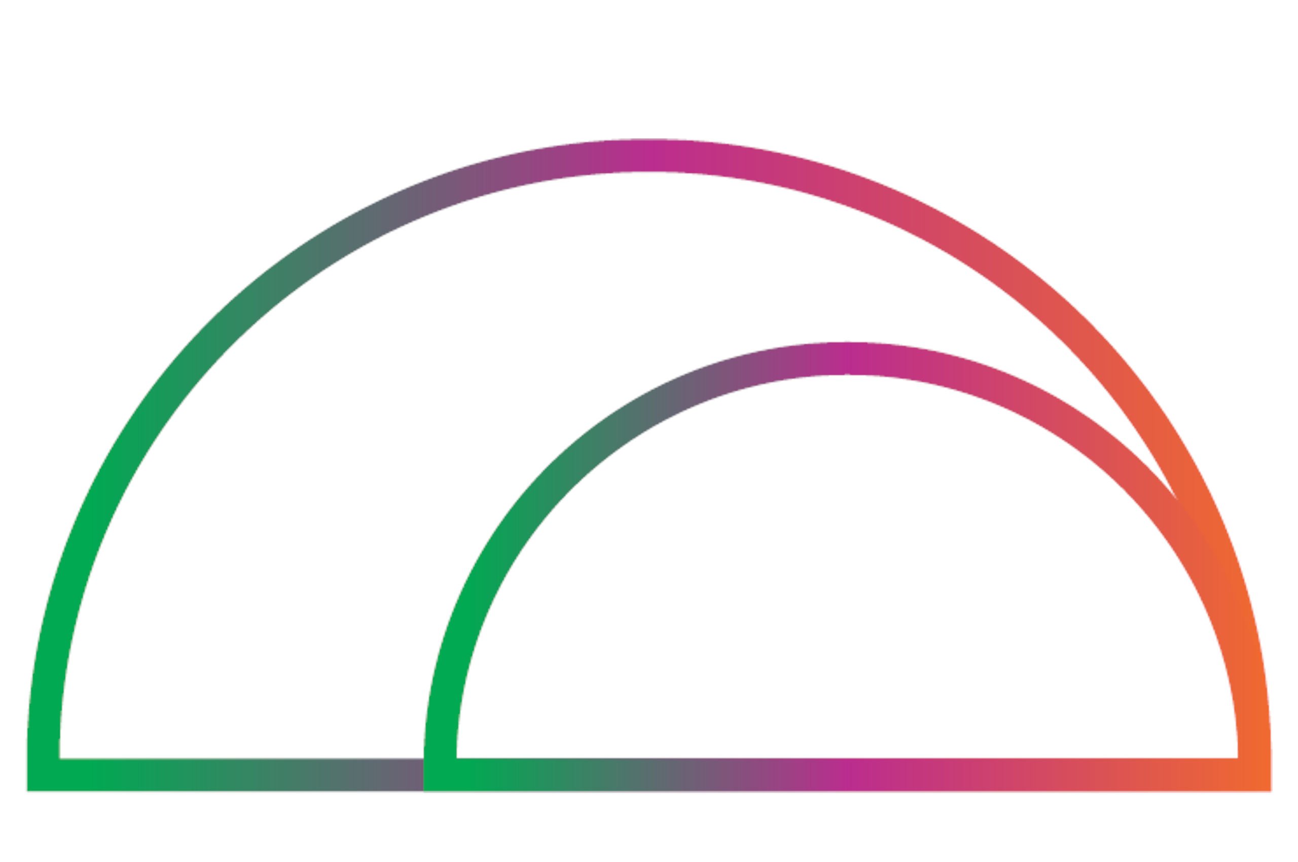 Double arch design in rainbow of green, orange and purple