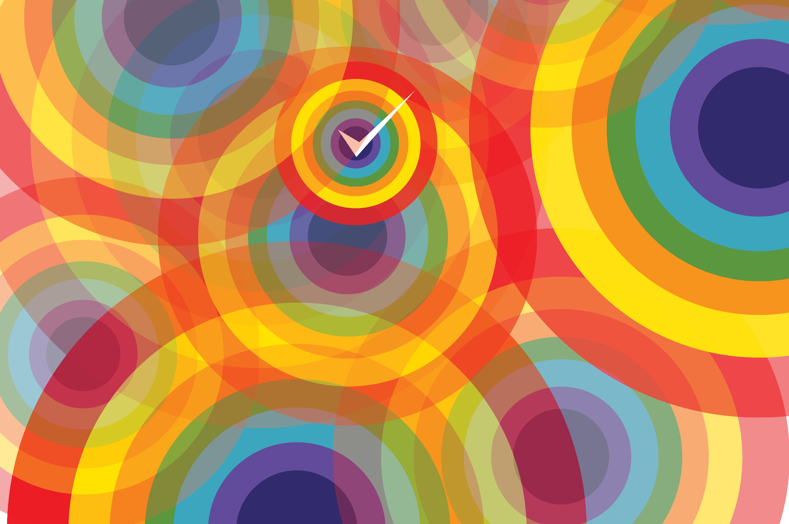 Overlapping rainbow target designs, one with a white tick