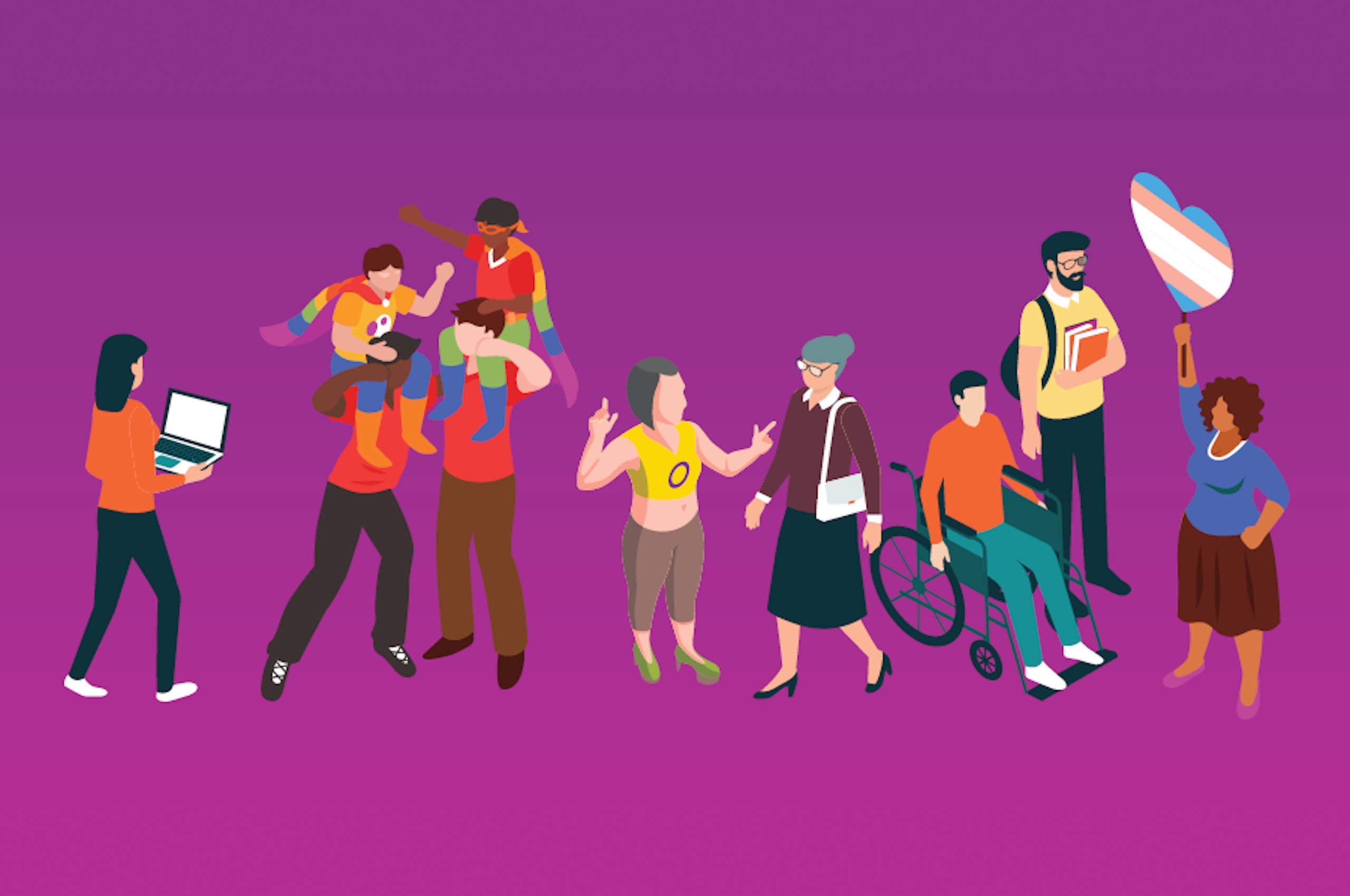 Rainbow Tick Guide.jpg Cartoon of of diverse people interacting, incorporating various LGBTIQ pride flag designs