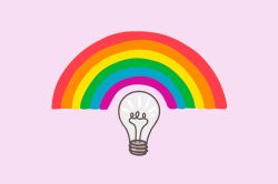 Cartoon drawing of a lightbulb, with a rainbow arched over it