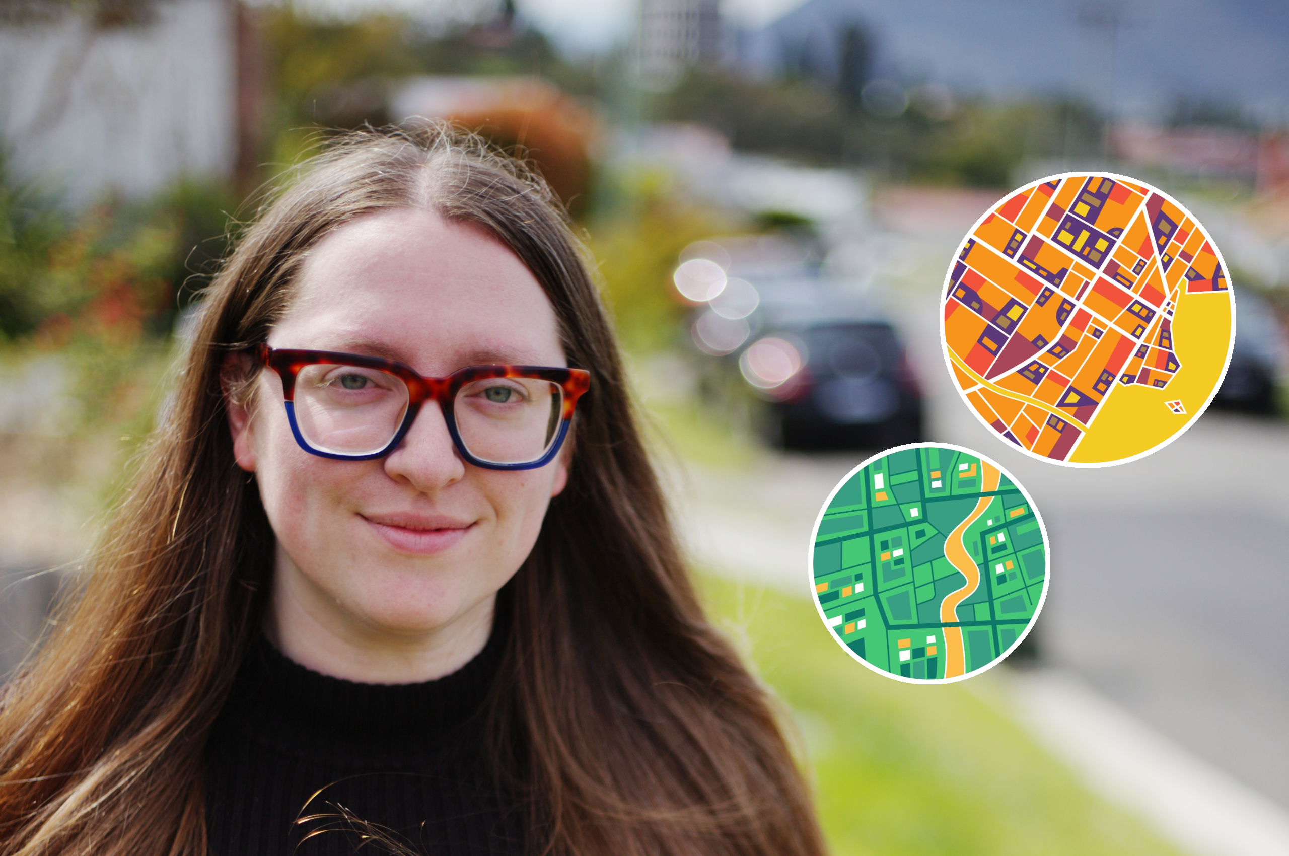 Headshot of Dr Ruby Grant standing on a suburban street, with the Out in Suburbia logo of two circular cutouts of cartoon street maps in bright colours