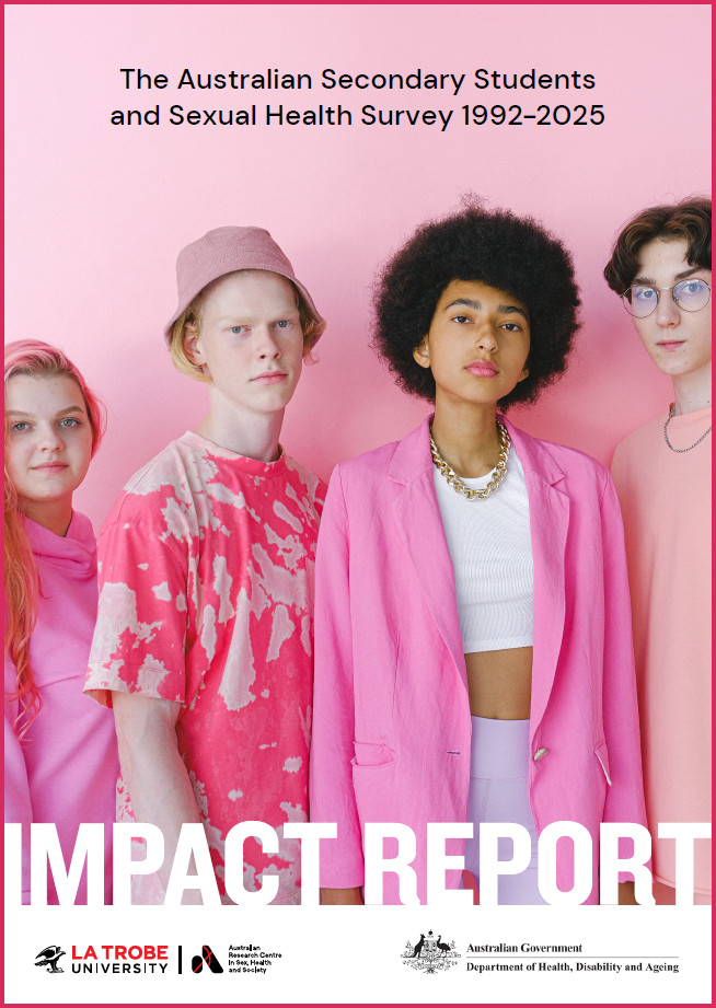 Cover of &lsquo;The Australian Secondary Students and Sexual Health Survey 1992-2025 Impact Report&rsquo; with the logos of the Australian Research Centre in Sex, Health and Society at La Trobe University and the Australian Government Department of Health, Disability and Ageing, with a photo of four young people wearing shades of pink against a pink background