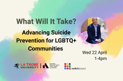 Text 'What will it take? Advancing suicide prevention for LGBTQ+ communities, Wed 22 April 1-4pm' with a photo of keynote speaker A/Prof Olivier Ferlatte and the logos of ARCSHS at La Trobe University and Switchboard, and a design of pastel rainbow sponge-prints on a cream background