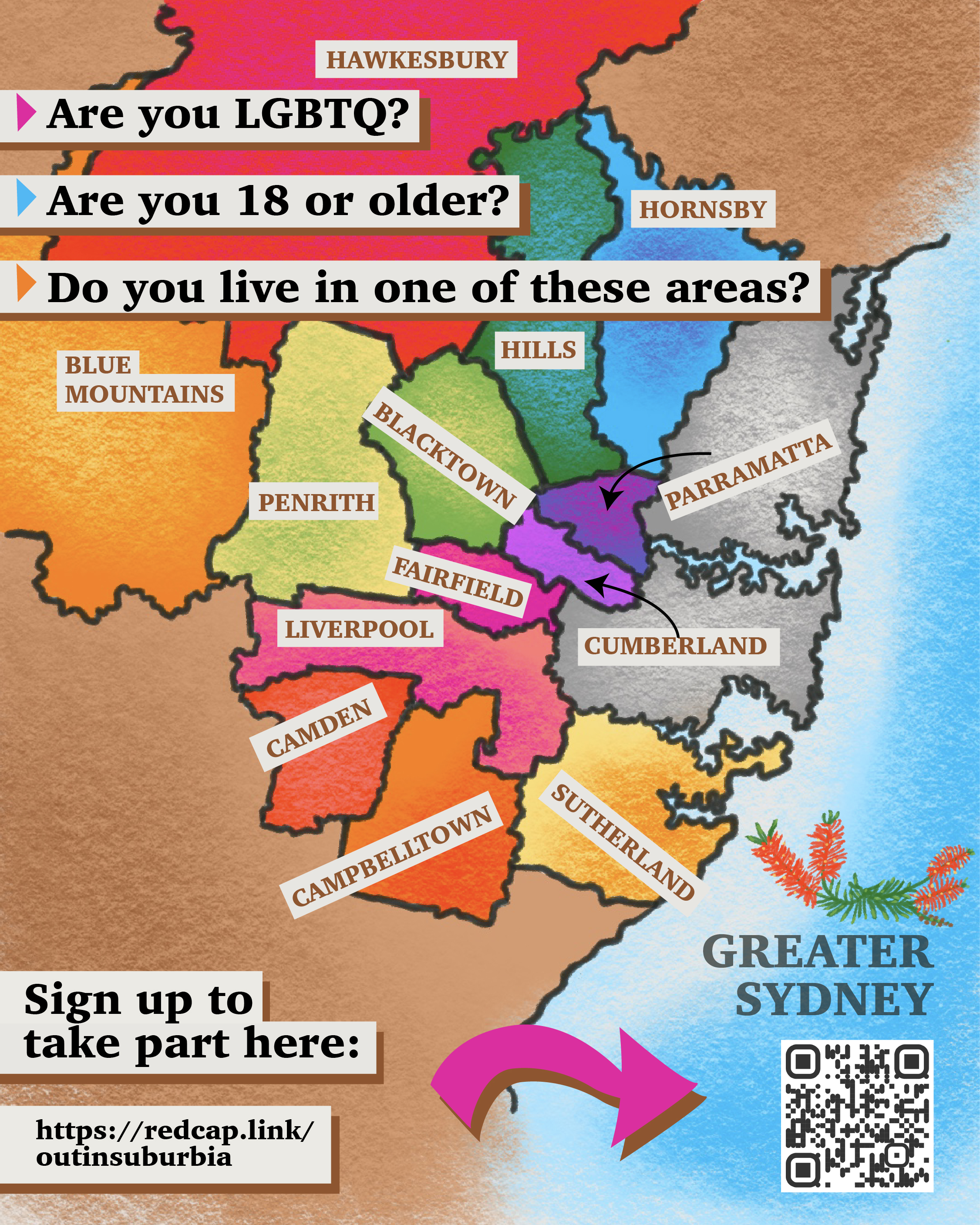 A map of Sydney with local government areas coloured in rainbow colours, with text &lsquo;Are you LGBTQ? Are you 18 or older? Do you live in one of these areas? Sutherland, Campbelltown, Camden, Liverpool, Fairfield, Cumberland, Parramatta, Penrith, Blacktown, Hills, Hornsby, Blue Mountains, Hawkesbury. Sign up to take part here: https://redcap.link/outinsuburbia&rsquo; with a QR code.