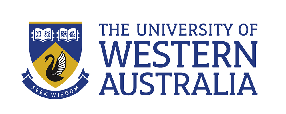 Crest with a black swan and text 'Seek Wisdom' on a ribbon and 'Vitam excoluere per artes' on open books, with the text 'The University of Western Australia