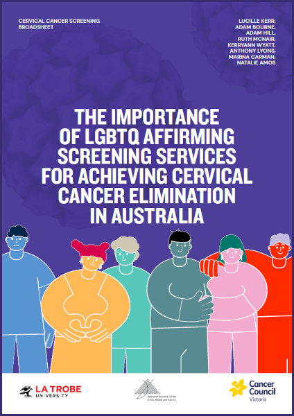 The importance of LGBTQ-affirming screening services for achieving cervical cancer elimination in Australia Cover of 'The importance of LGBTQ-affirming screening services for achieving cervical cancer elimination in Australia' by Lucille Kerr, Adam Bourne, Adam Hill, Ruth McNair, Keryann Wyatt, Anthony Lyons, Marina Carman and Natalie Amos, with a design of diverse cartoon people and logos of ARCSHS La Trobe and Cancer Council Victoria