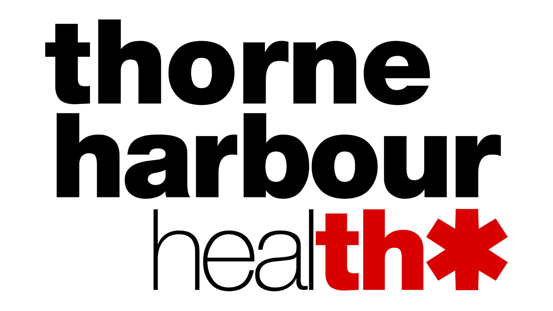 text 'thorne harbour health' with a red asterisk. The last two letters of 'health' are in red.