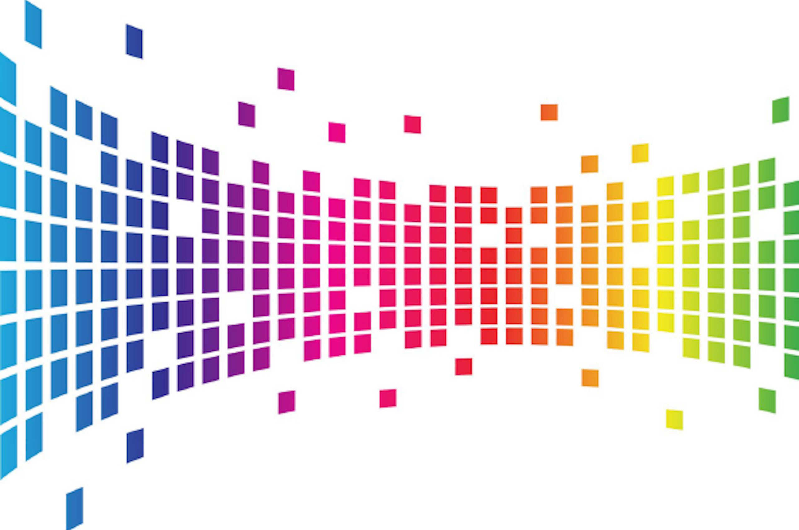 Curved grid of rainbow squares with some squares missing and others outside the grid