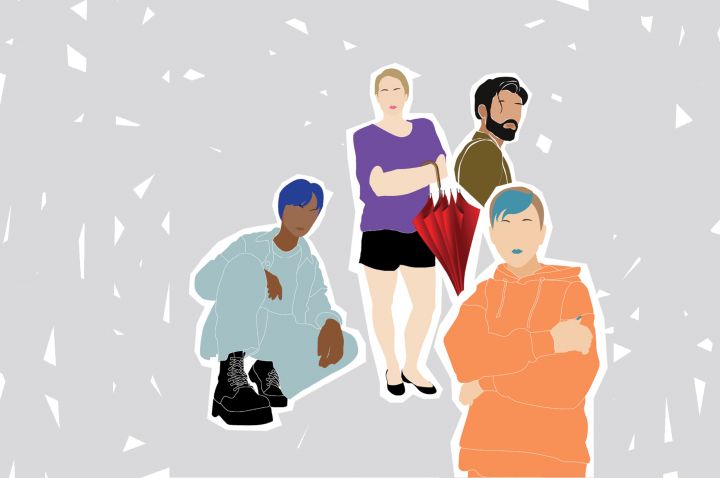 Cartoon image of our diverse people, one holding a red umbrella