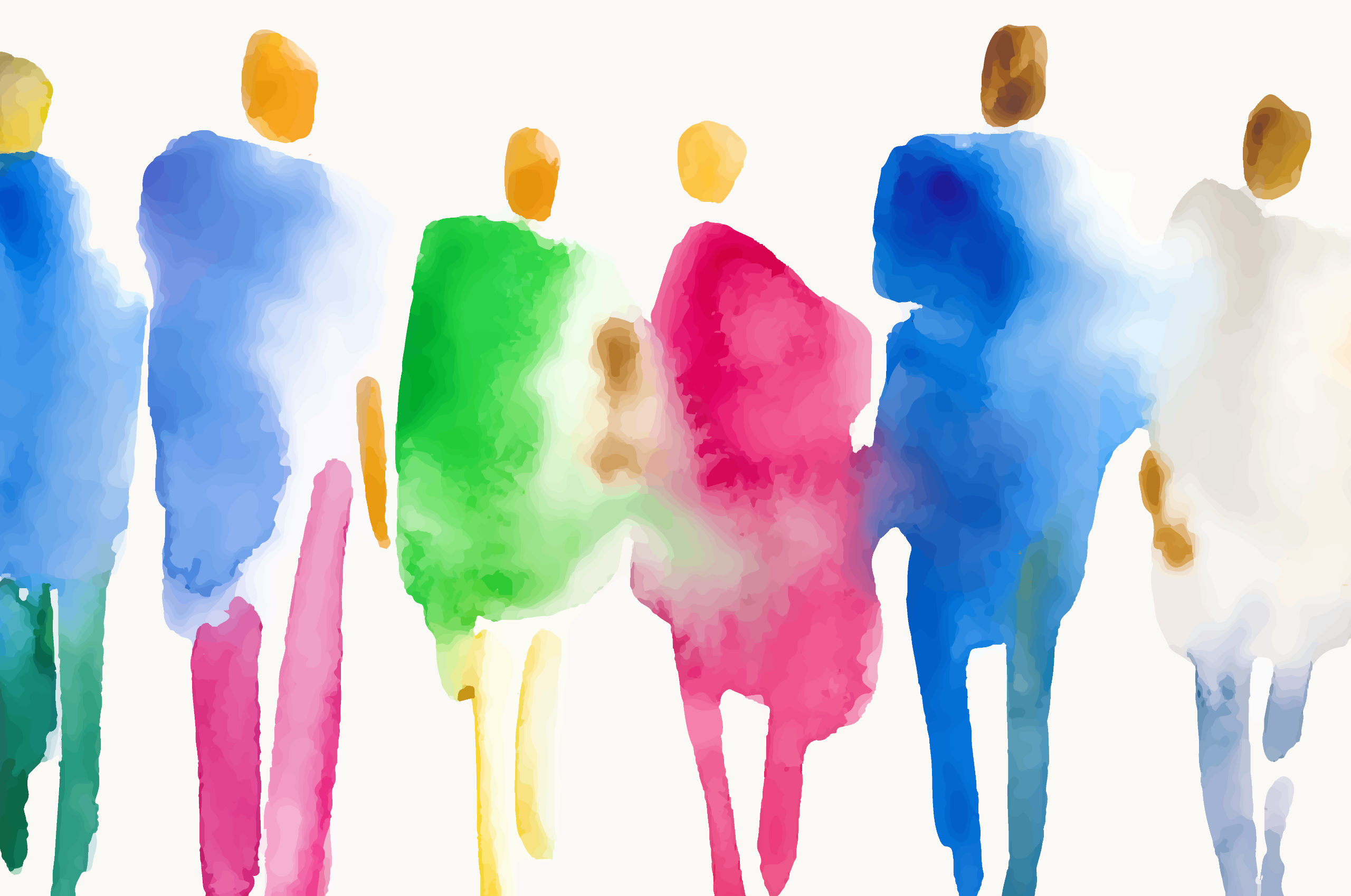 Brightly coloured watercolour abstract human figures on a white background