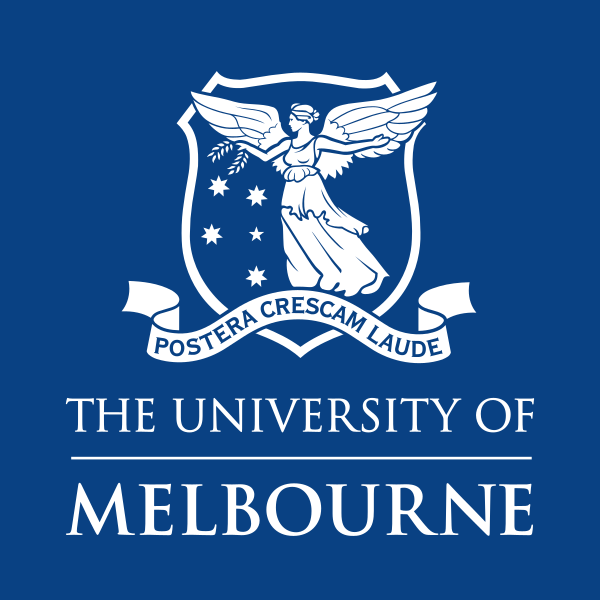 Logo of the University of Melbourne, showing the Greek winged goddess of victory Nike holding a laurel wreath, over the southern cross, with the motto 'Postera crescam laude' on a scroll and text 'The University of Melbourne