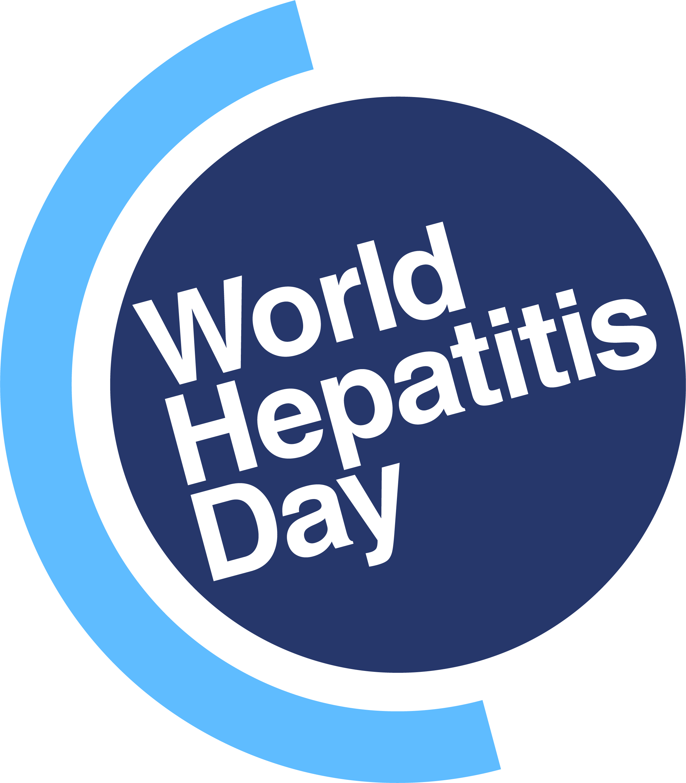 World Hepatitis Day logo, with tilted 'World Hepatitis Day' text on a navy circle inside blue half-circle border, suggesting the shape of a globe of the world