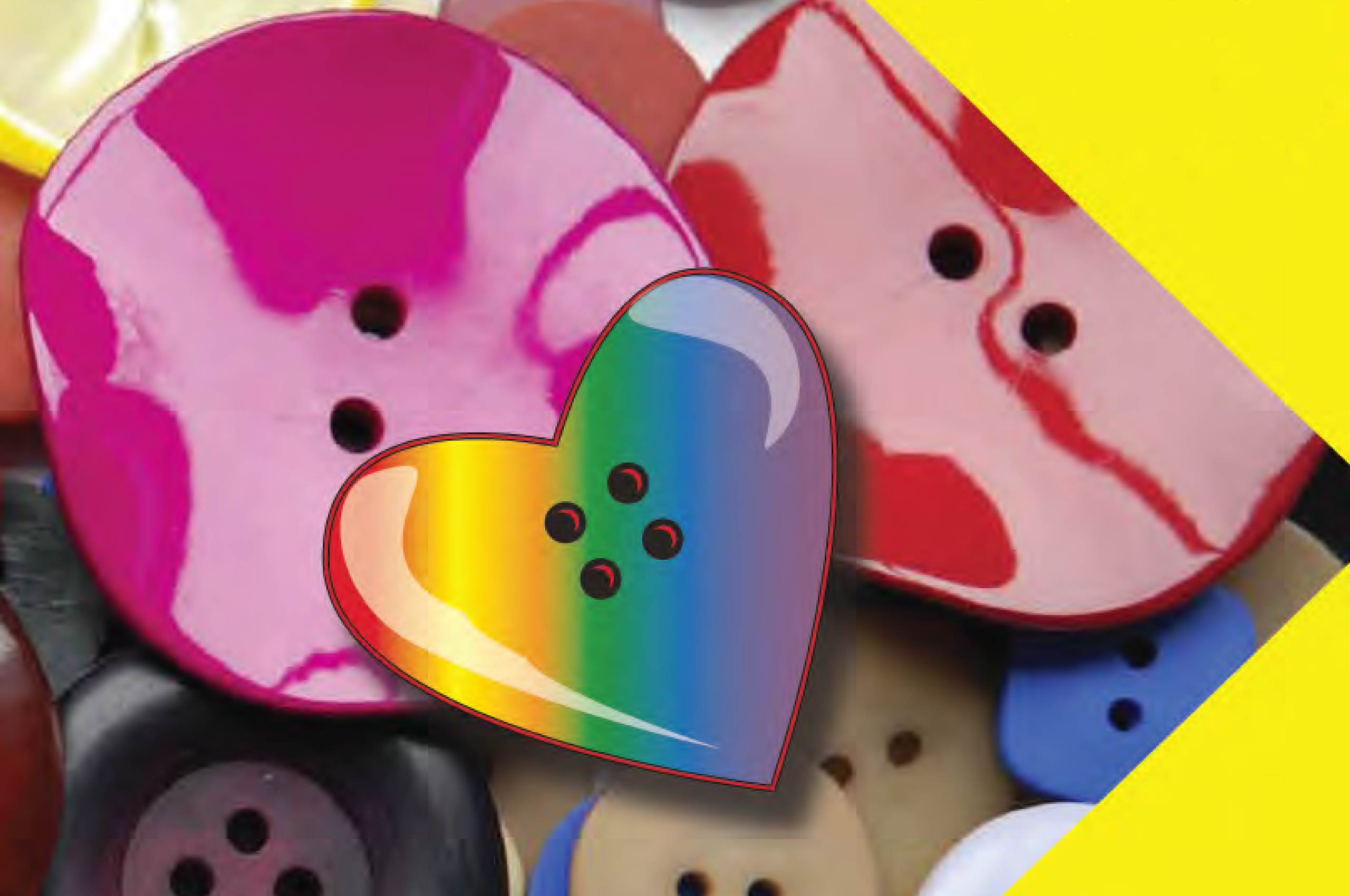 Pile of colourful buttons, topped with a rainbow heart-shaped button