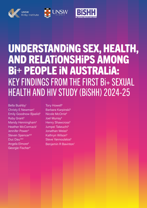 Understanding sex, health, and relationships among bi+ people in Australia: Key findings from the first Bi+ Sexual Health and HIV Study (BiSHH) 2024-2025 Front cover of 'Understanding sex, health and relationships among Bi+ people in Australia: Key findings from the first Bi+ sexual health and HIV study (BiSSH) 2024-25' with a design of blue, purple, pink and yellow gradient squares