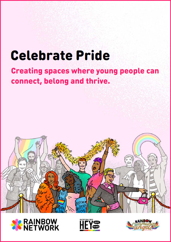Text 'New resource: Celebrate Pride: Creating spaces where young people can connect, belong and thrive' with a cartoon drawing of a group of diverse people celebrating a pride event with flags, fabulous outifts and feather boas