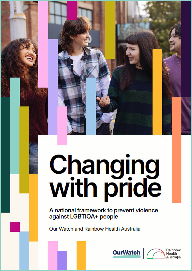 Front cover of &lsquo;Changing with Pride: A national framework to prevent violence against LGBTIQA+ people&rsquo; by Our Watch and Rainbow Health Australia, with a design of four laughing friends outside a heritage building, overlaid with a design of coloured bars