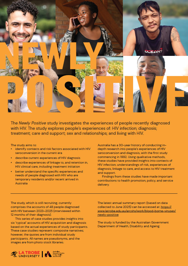Front cover of Newly Positive: Case studies, with six stock photos from the ViiV HIV In View collection and the logo of La Trobe ARCSHS.