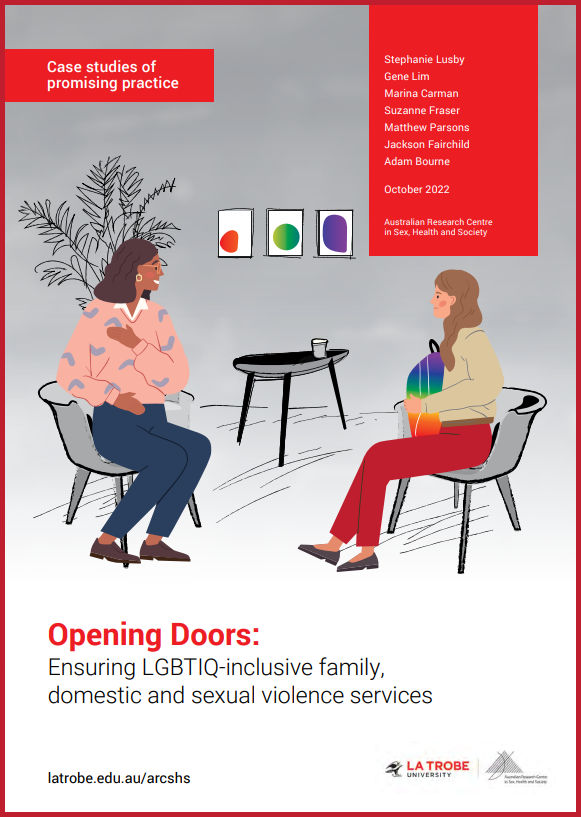 Front cover of 'Opening Doors: Ensuring LGBTIQ-inclusive family, domestic and sexual violence services: Case studies of promising practice', by Stephanie Lusby, Gene Lim, Marina Carman, Suzanne Fraser, Matthew Parsons, Jackson Fairchild and Adam Bourne, October 2022, Australian Research Centre in Sex, Health and Society at La Trobe University, with a design of two cartoon people sitting across from each other in chairs in a therapy setting, with rainbow posters on the wall